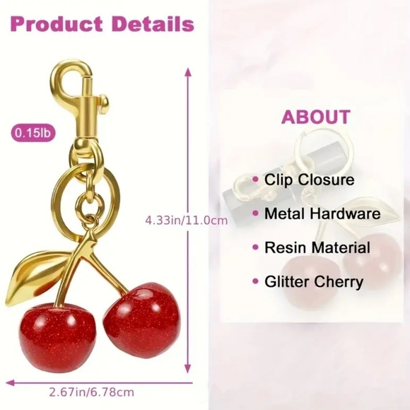 Cherry Purse Charm Keychain Goldtone with Dark Red Glitter Cherries NWOT - Picture 3 of 6